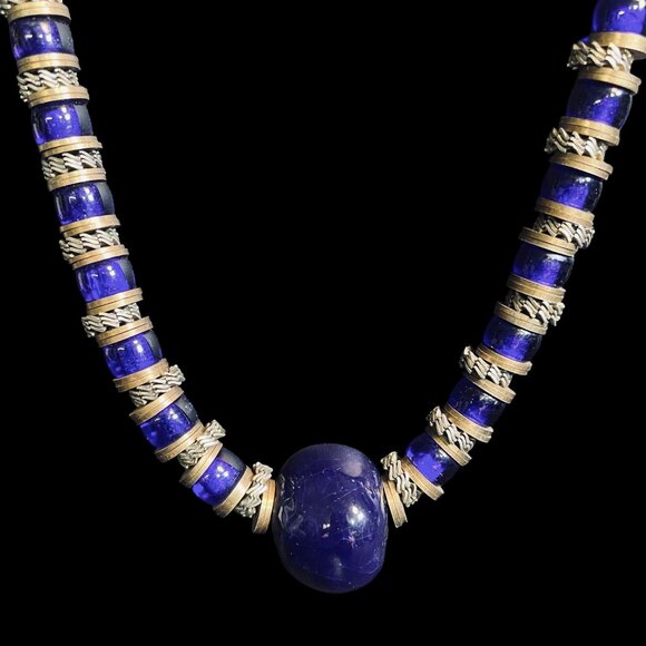 Artisan Blue Beaded Necklace Brass Accents Leather Cord Boho Tribal Vintage Look - Picture 3 of 9